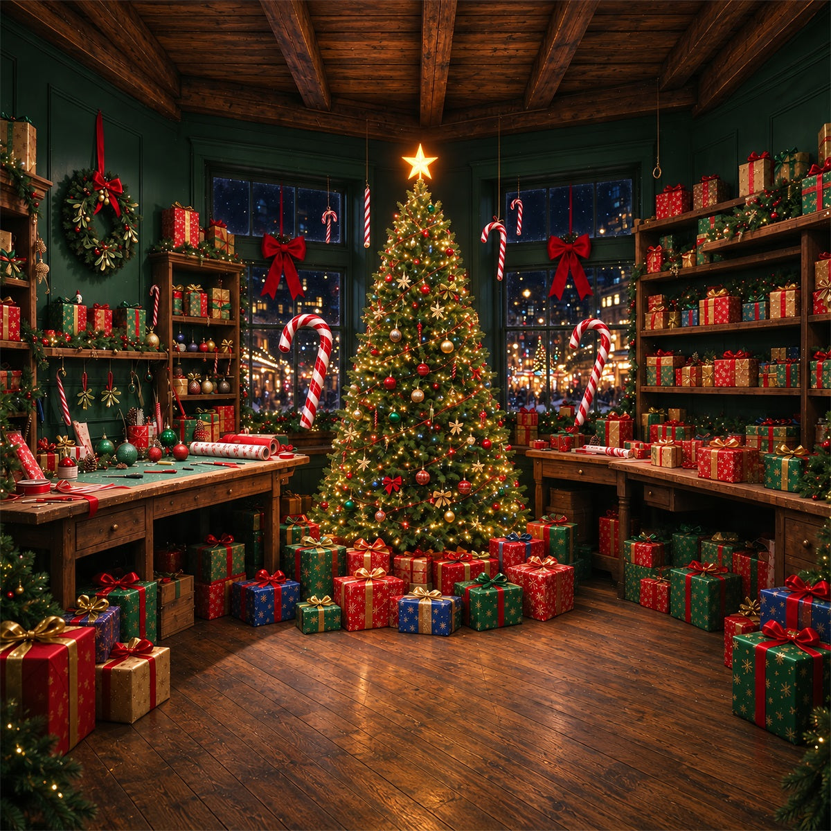 Santa Backdrop Festive Gift Wrapping Workshop Christmas Backdrop ZTT610-2
