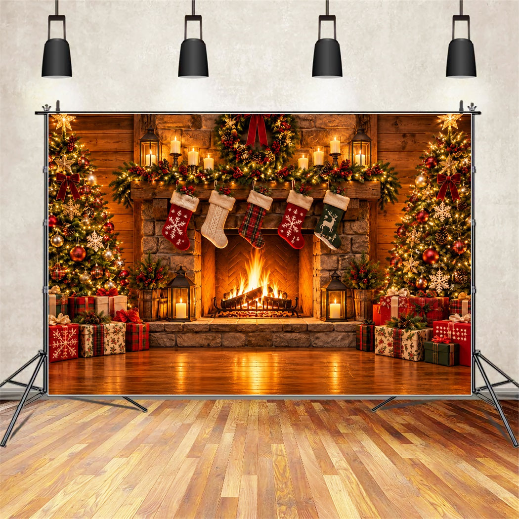 Christmas Fireplace Backdrop Rustic Stocking Stone Christmas Backdrop for Photography ZTT610-24