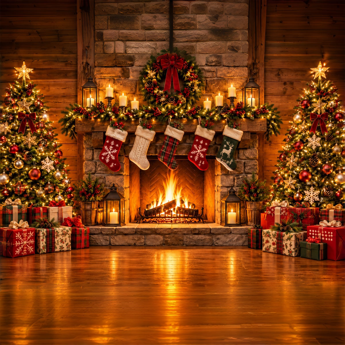 Christmas Fireplace Backdrop Rustic Stocking Stone Christmas Backdrop for Photography ZTT610-24