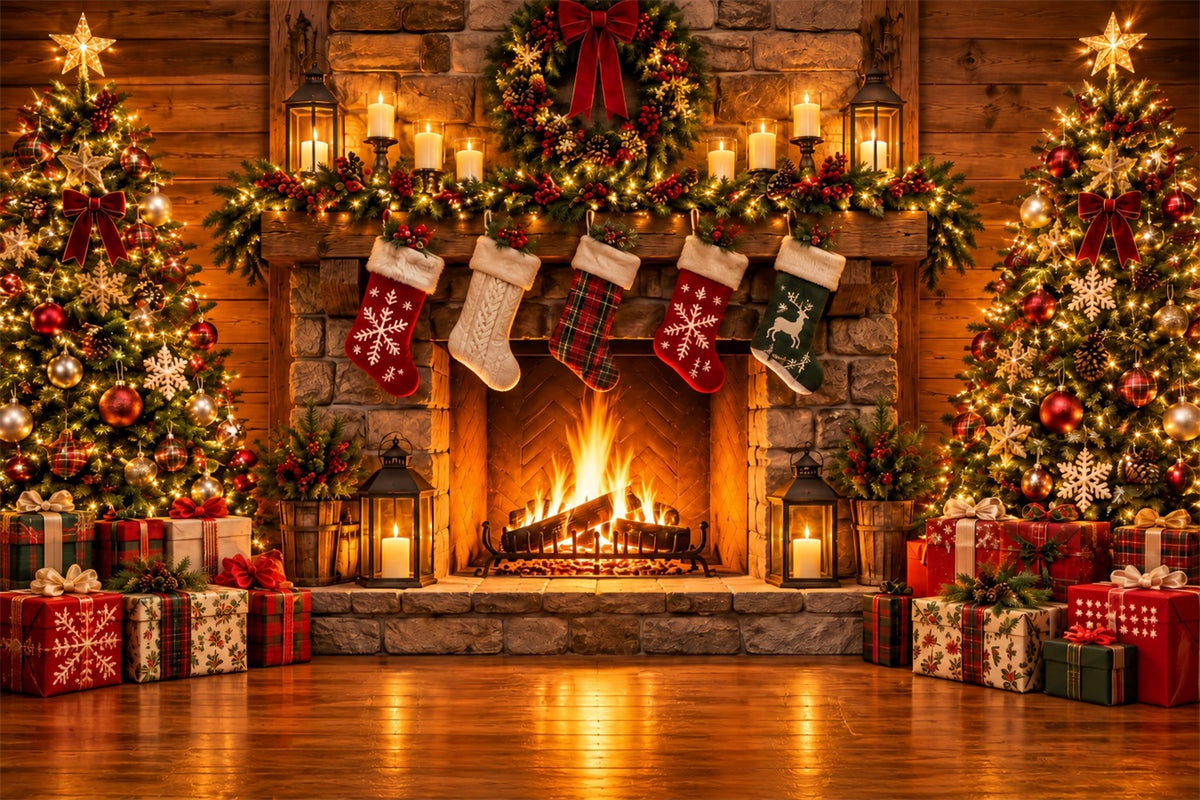 Christmas Fireplace Backdrop Rustic Stocking Stone Christmas Backdrop for Photography ZTT610-24