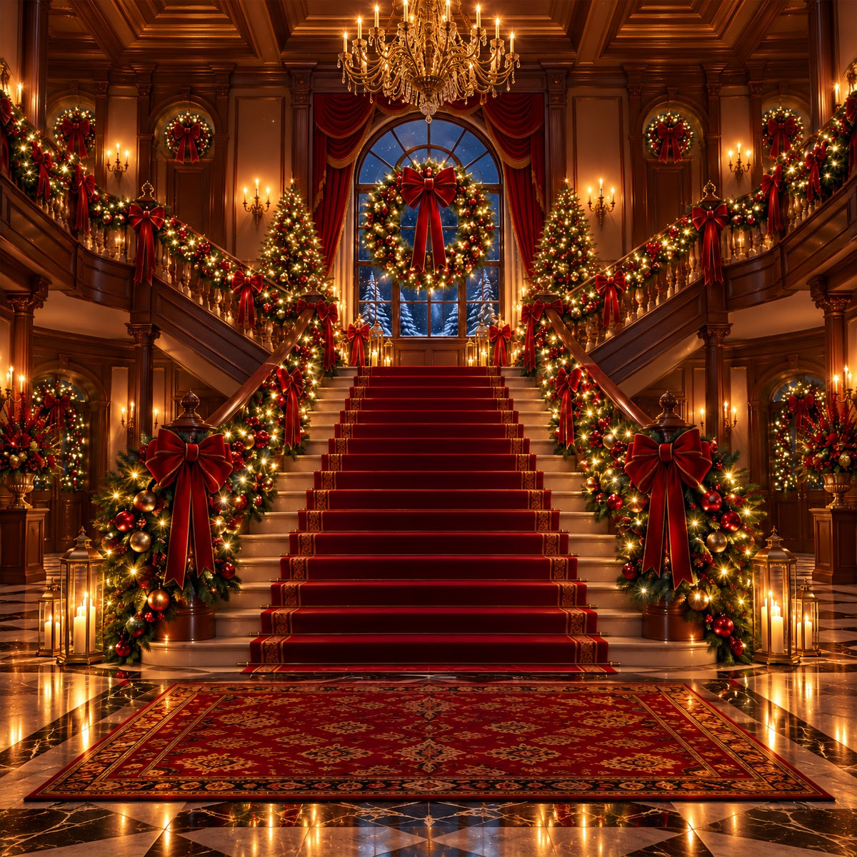 Christmas Scene Backdrop Ornate Red Carpet Staircase Christmas Staircase Backdrop ZTT610-25