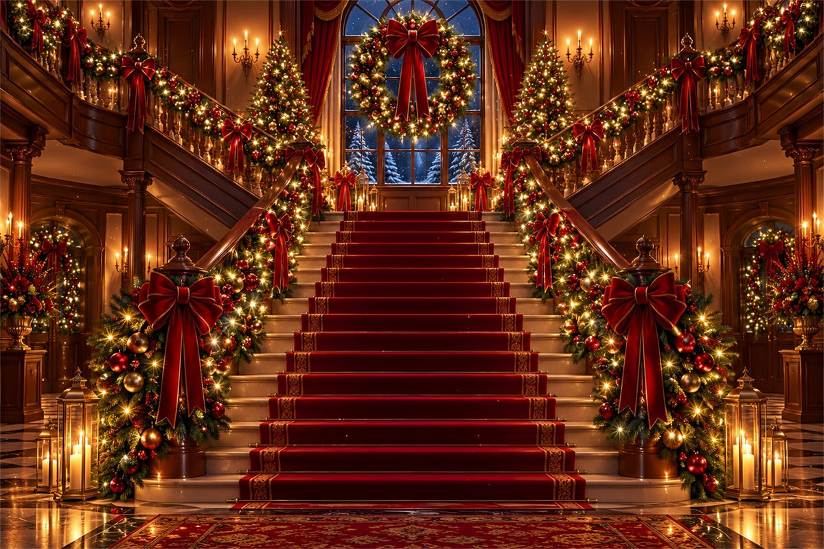 Christmas Scene Backdrop Ornate Red Carpet Staircase Christmas Staircase Backdrop ZTT610-25