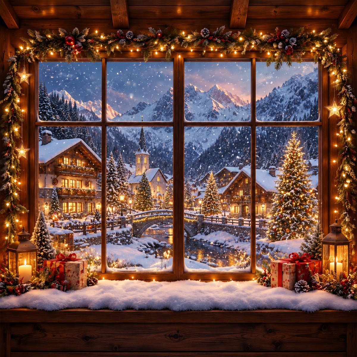 Winter Christmas Backdrop Snowy Alpine House Window Christmas Village Backdrops ZTT610-27