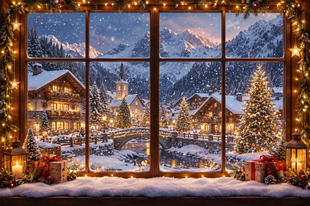 Winter Christmas Backdrop Snowy Alpine House Window Christmas Village Backdrops ZTT610-27