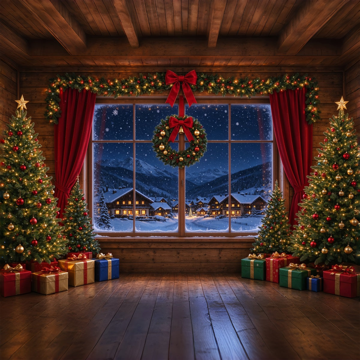 Santa Backdrop Snowy Village Window Retreat Christmas Backdrops ZTT610-3