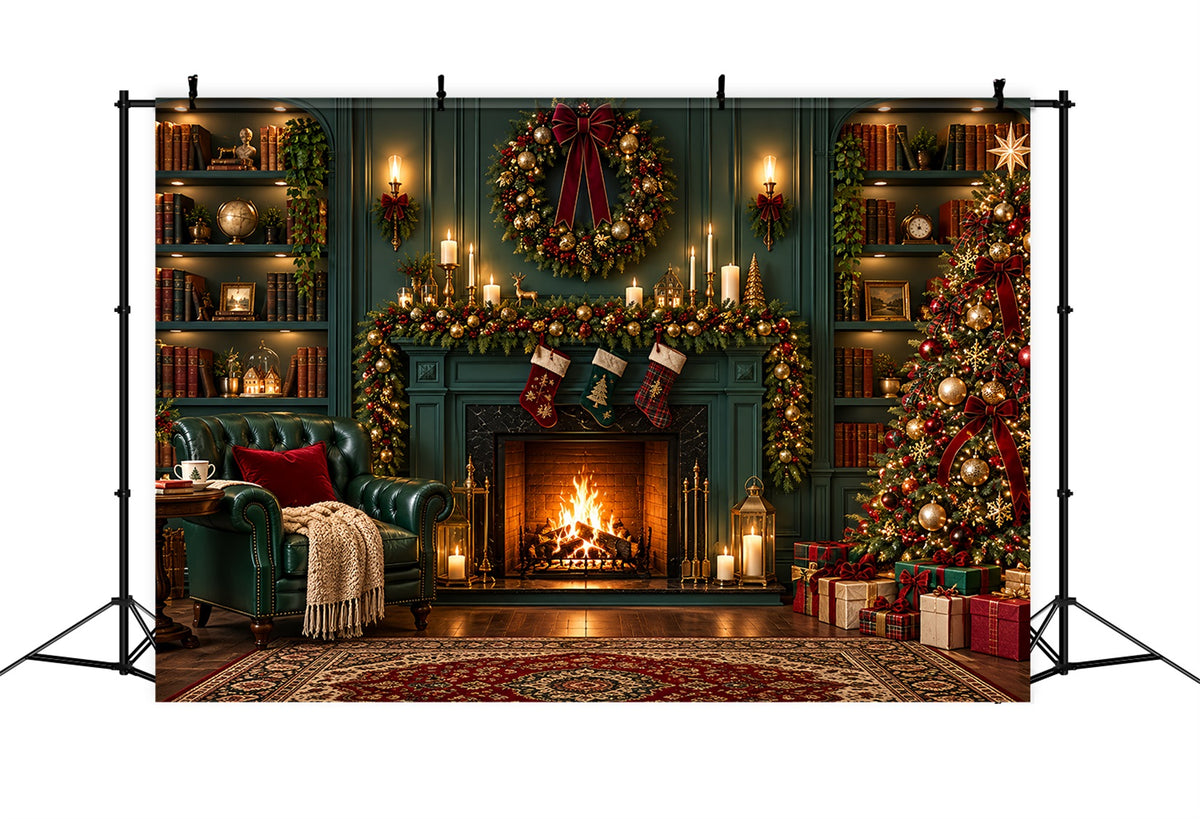 Christmas Fireplace Backdrops Vintage Emerald Library Stockings Christmas Scene Backdrop ZTT610-30