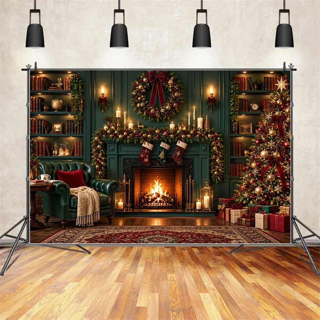 Christmas Fireplace Backdrops Vintage Emerald Library Stockings Christmas Scene Backdrop ZTT610-30