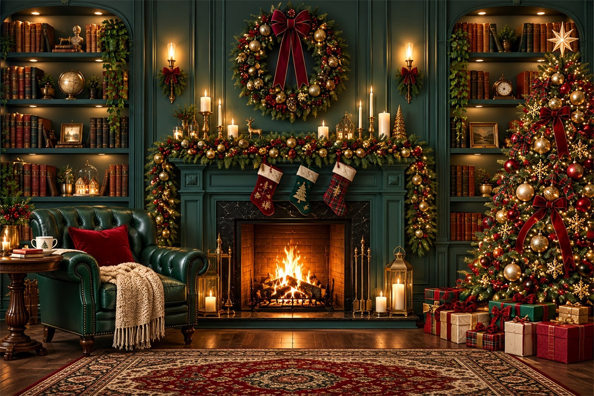 Christmas Fireplace Backdrops Vintage Emerald Library Stockings Christmas Scene Backdrop ZTT610-30