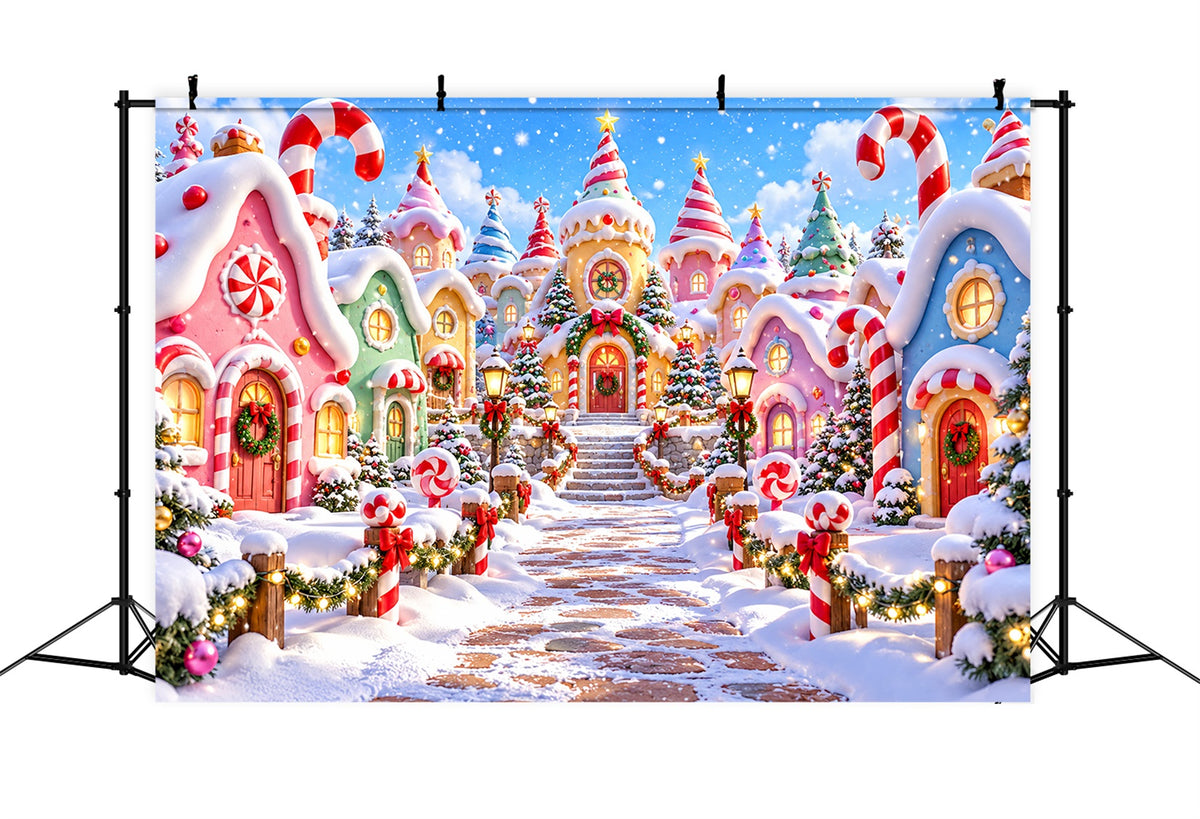 Christmas Village Backdrops Pastel Candy Cane House Christmas Photo Backdrop ZTT610-31
