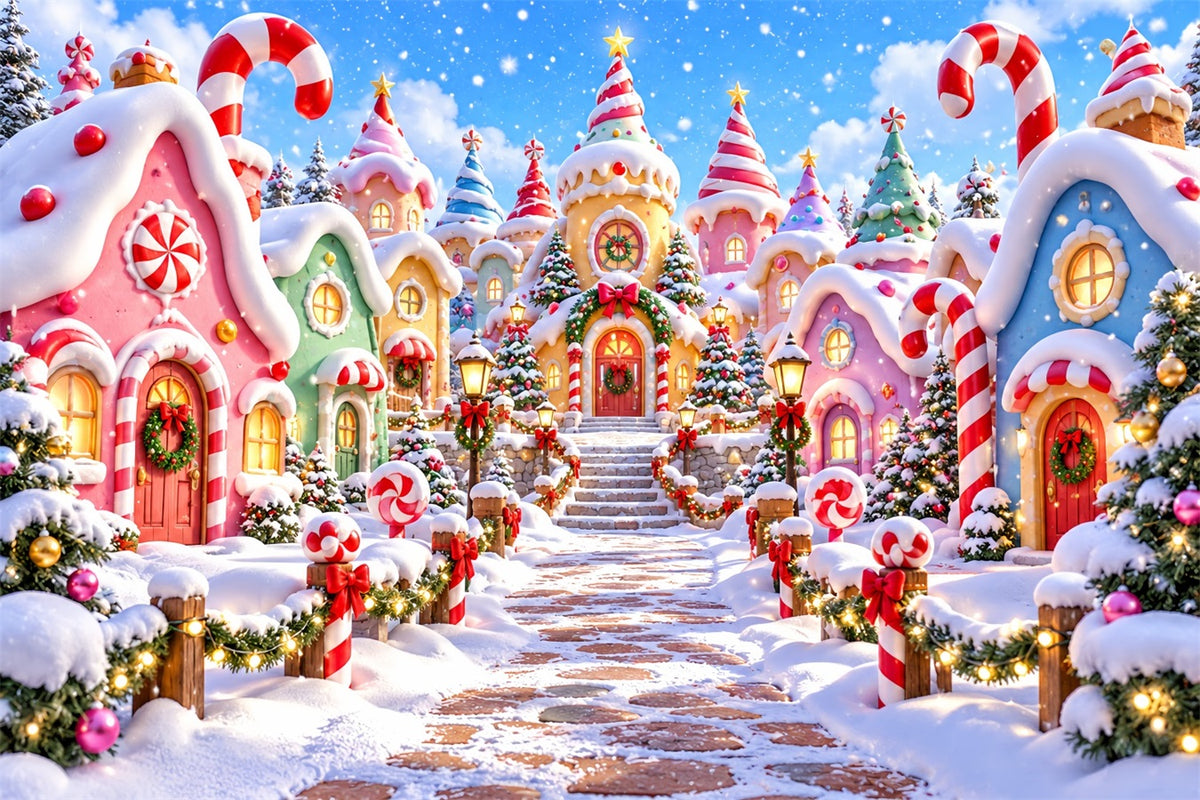 Christmas Village Backdrops Pastel Candy Cane House Christmas Photo Backdrop ZTT610-31