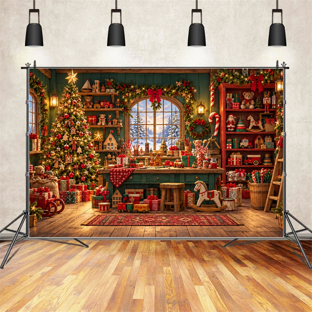 Santa Backdrop Rustic Cabin Toy Workshop Christmas Backdrop ZTT610-32