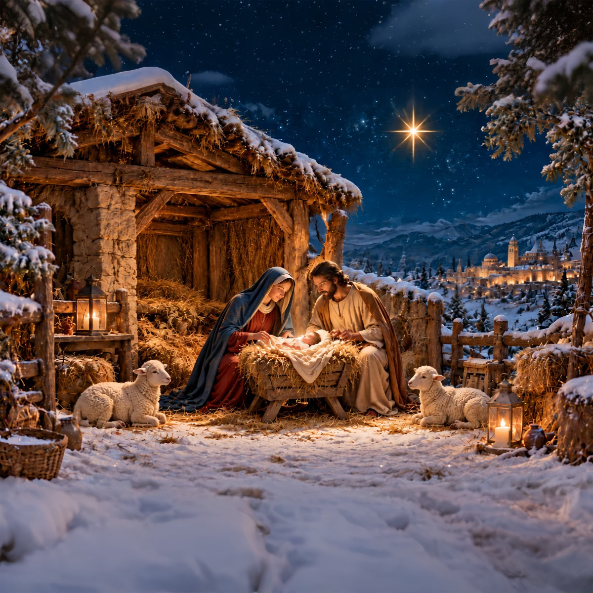 Nativity Scene Backdrop Bethlehem Star Manger Stable Christmas Photo Backdrops ZTT610-34