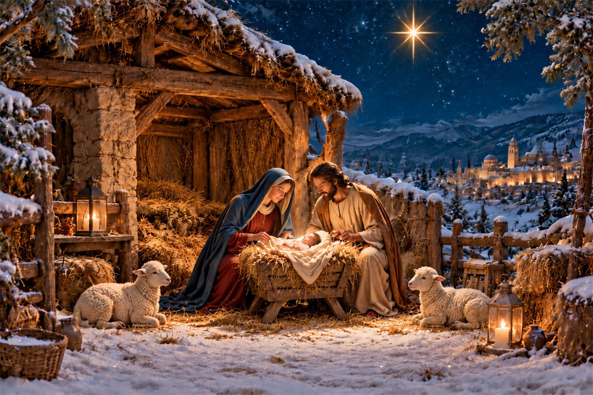 Nativity Scene Backdrop Bethlehem Star Manger Stable Christmas Photo Backdrops ZTT610-34