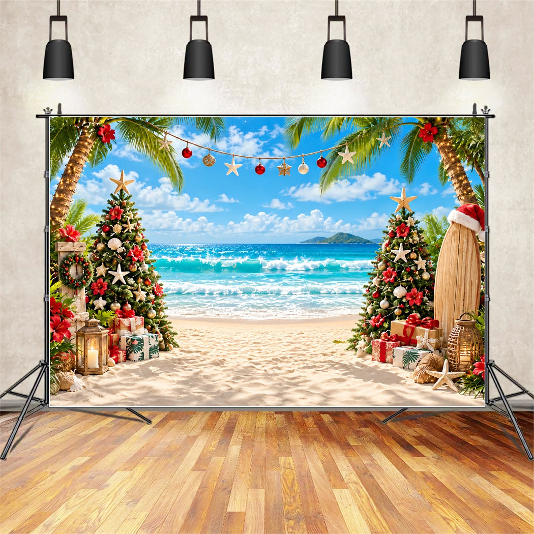 Tropical Christmas Backdrop Sea Beach Surfboard Tree Christmas Backdrops for Photos ZTT610-37
