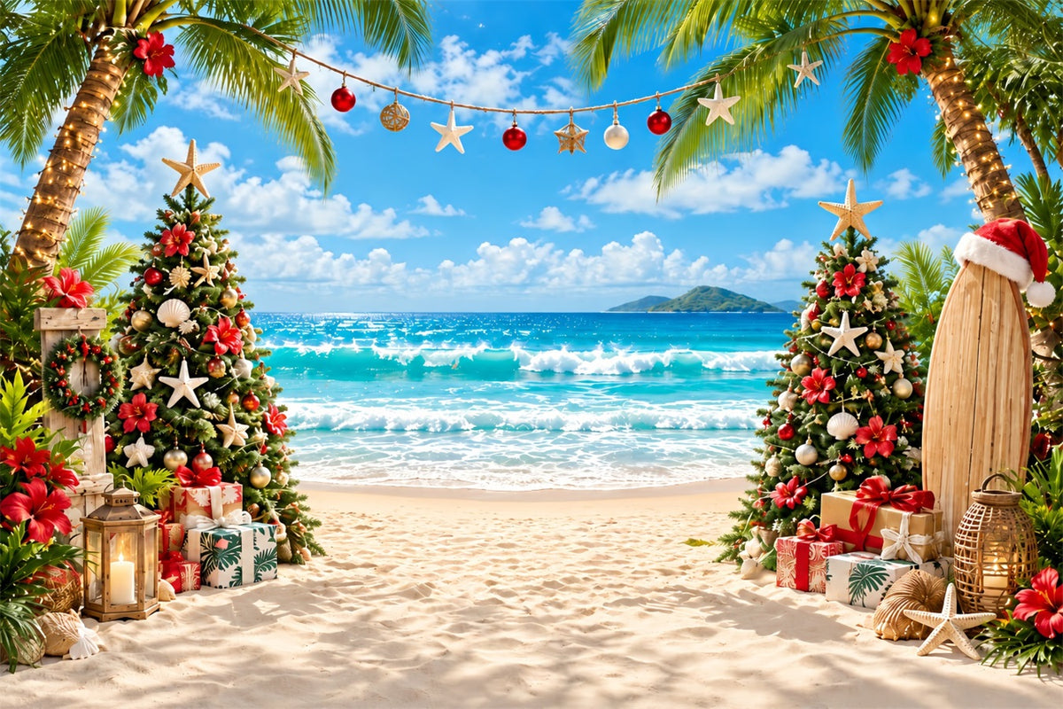 Tropical Christmas Backdrop Sea Beach Surfboard Tree Christmas Backdrops for Photos ZTT610-37