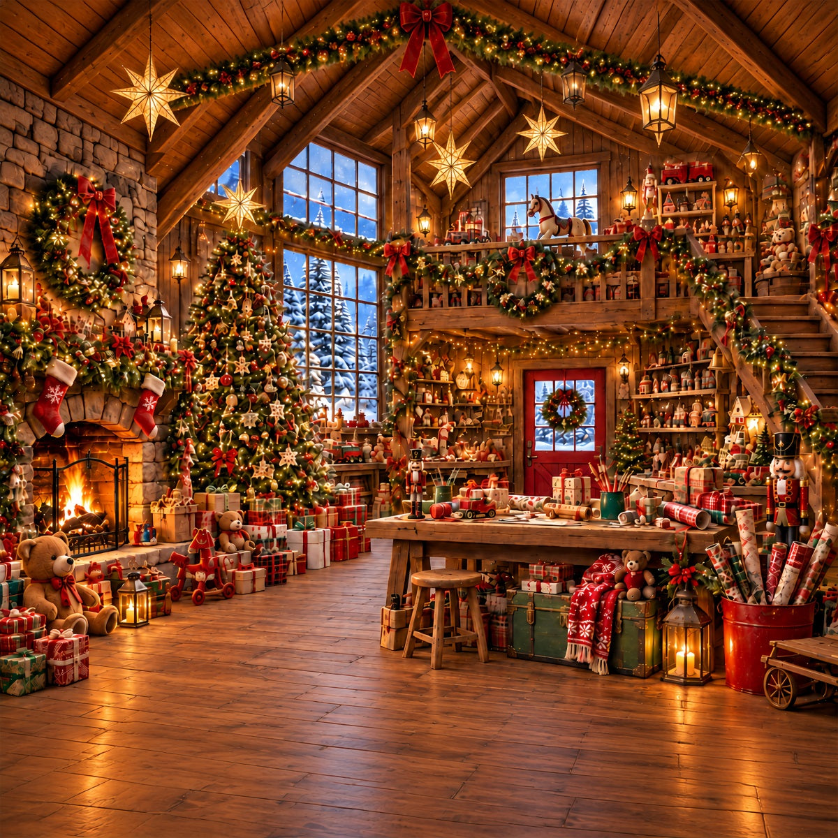 Santa Workshop Backdrop Rustic Cabin Toy Workshop Christmas Backdrops for Photography ZTT610-39