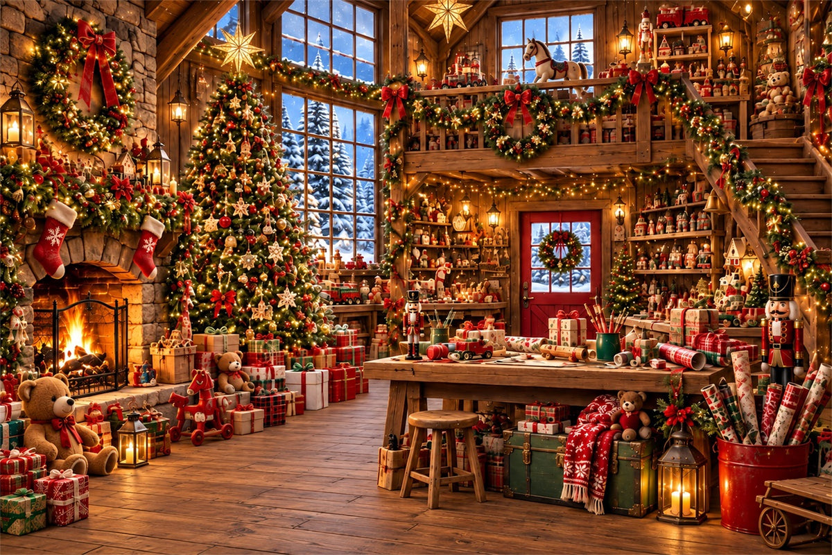 Santa Workshop Backdrop Rustic Cabin Toy Workshop Christmas Backdrops for Photography ZTT610-39