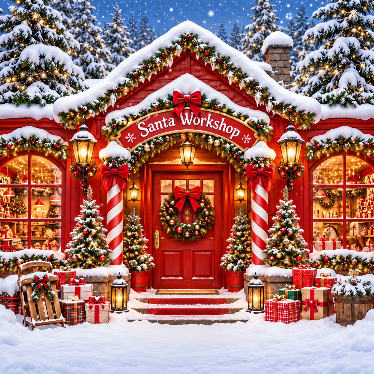 Santa's Workshop Backdrop Snowy Holiday House Entrance Christmas Red Backdrop ZTT610-40