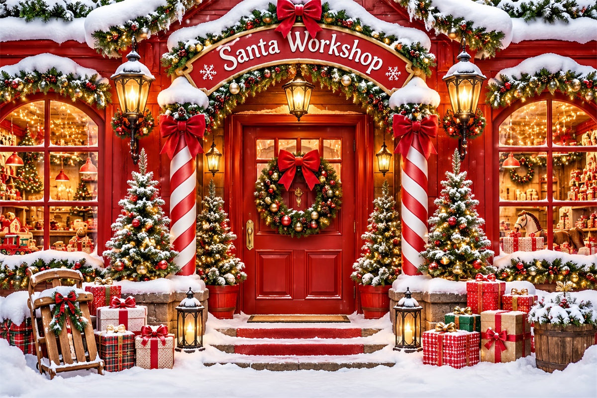 Santa's Workshop Backdrop Snowy Holiday House Entrance Christmas Red Backdrop ZTT610-40
