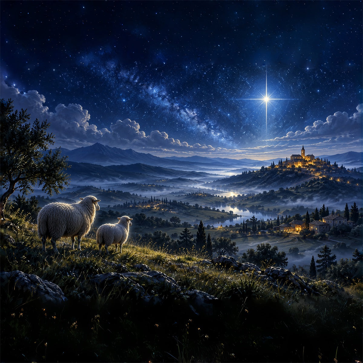 Nativity Scene Backdrop Starry Bethlehem Hillside Sheep Christmas Backdrop Photography ZTT610-45