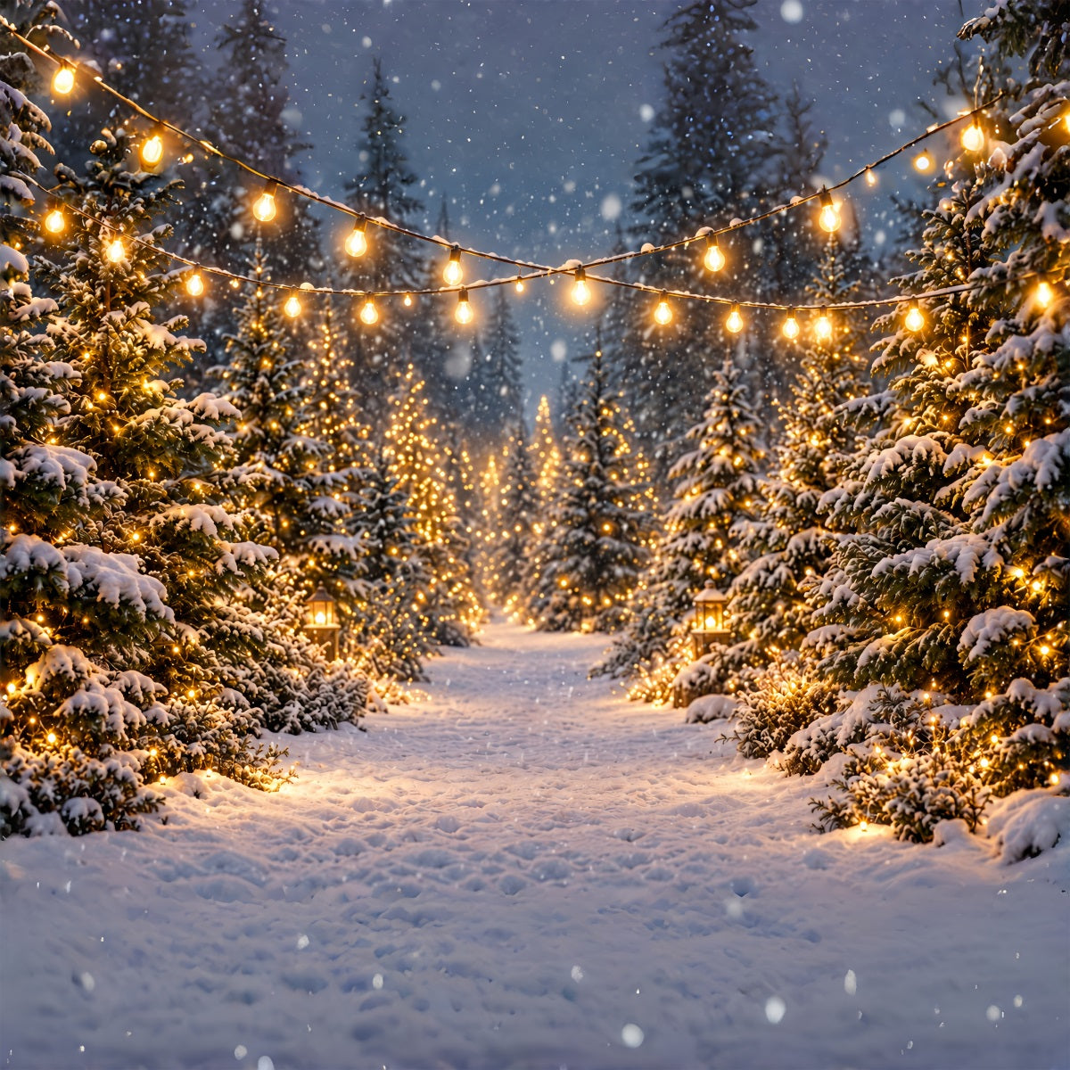Christmas Tree Farm Backdrop Glowing Snowy Forest Path Christmas Tree Backdrops ZTT610-46