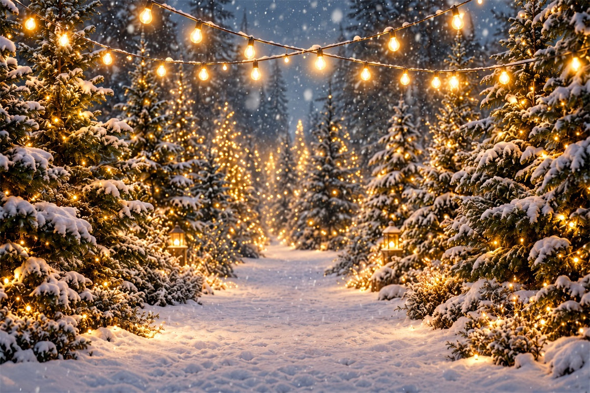 Christmas Tree Farm Backdrop Glowing Snowy Forest Path Christmas Tree Backdrops ZTT610-46