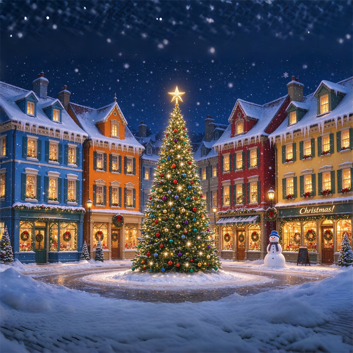 Christmas Town Backdrops Colorful Snowy House Tree Christmas Picture Backdrop ZTT610-47