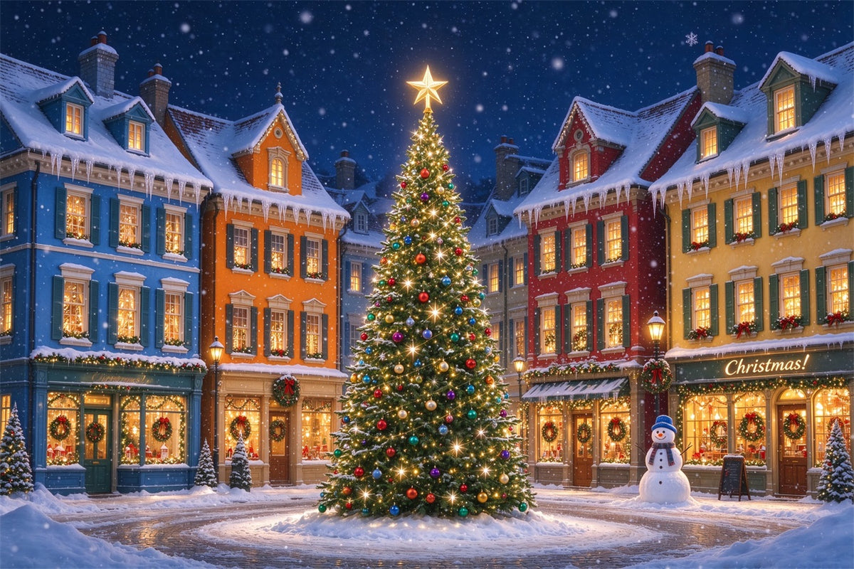 Christmas Town Backdrops Colorful Snowy House Tree Christmas Picture Backdrop ZTT610-47