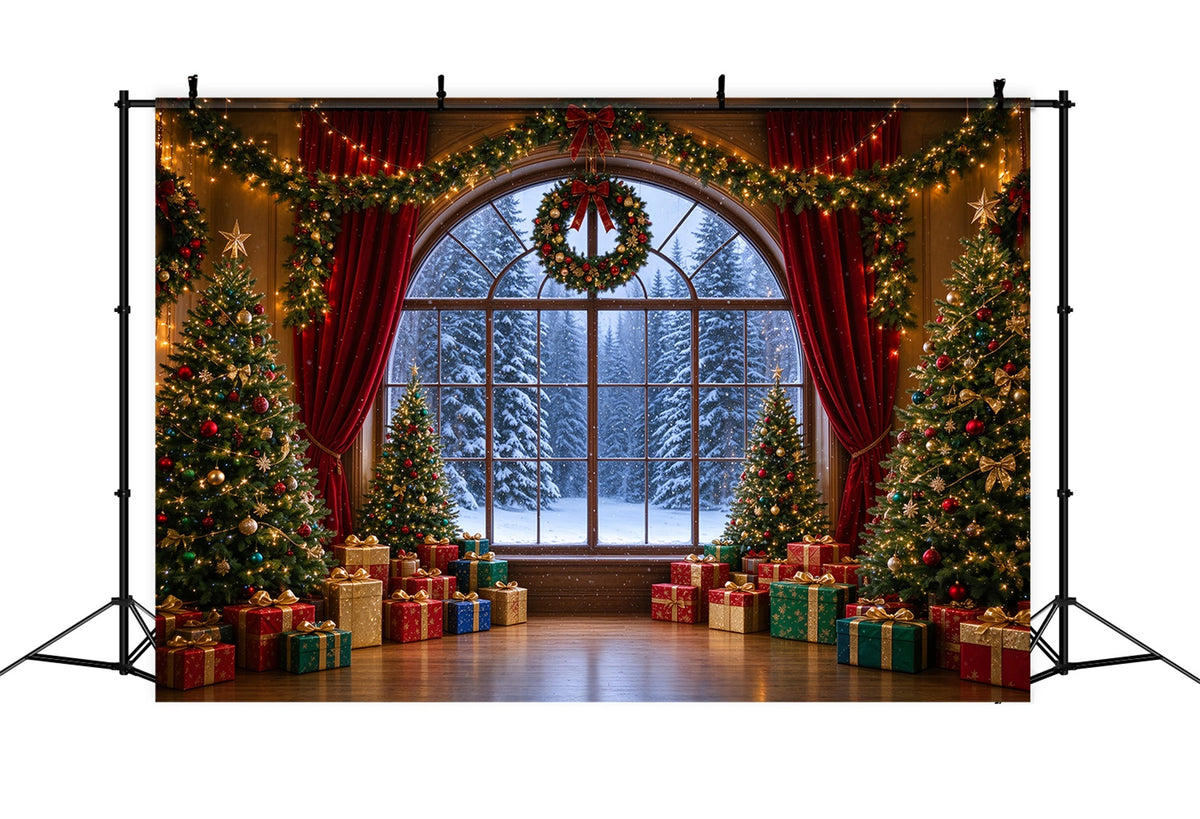 Christmas Backdrops Arched Window View Snowy Forest Christmas Backdrop for Photos ZTT610-5