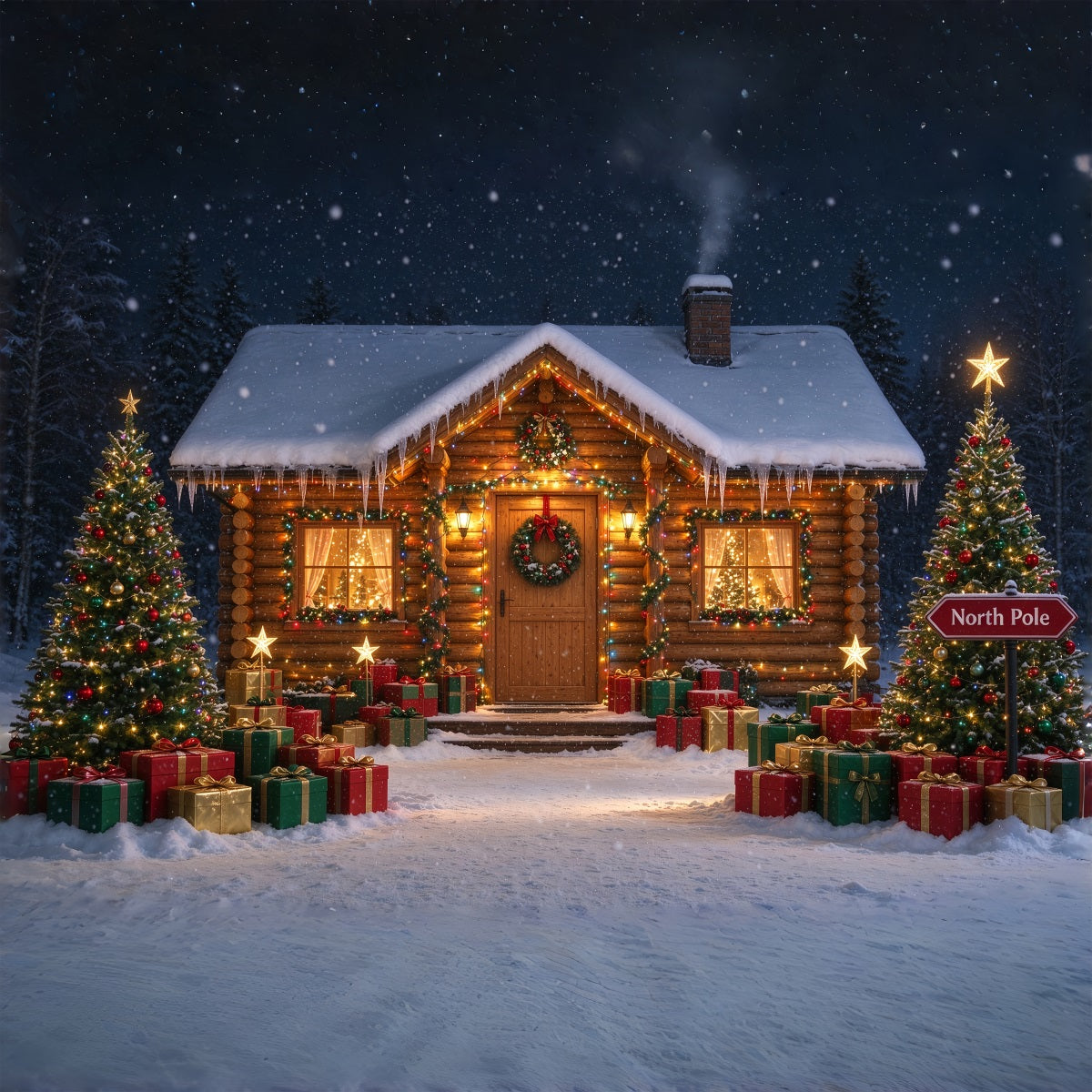 North Pole Photo Backdrop Winter Snow Rustic Cabin Professional Christmas Backdrop ZTT610-6
