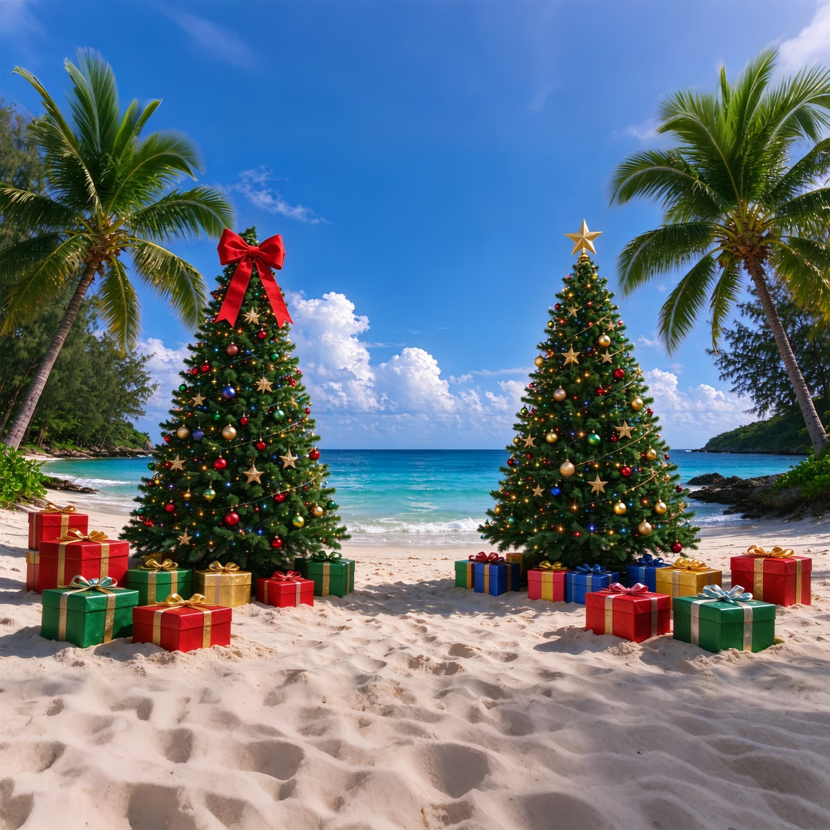 Tropical Christmas Backdrop Holiday Beach Decorated Trees Christmas Backdrops for Photos ZTT610-7
