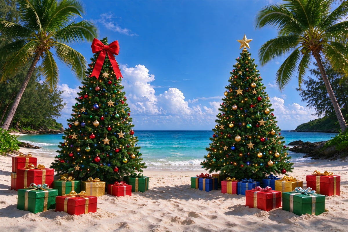 Tropical Christmas Backdrop Holiday Beach Decorated Trees Christmas Backdrops for Photos ZTT610-7