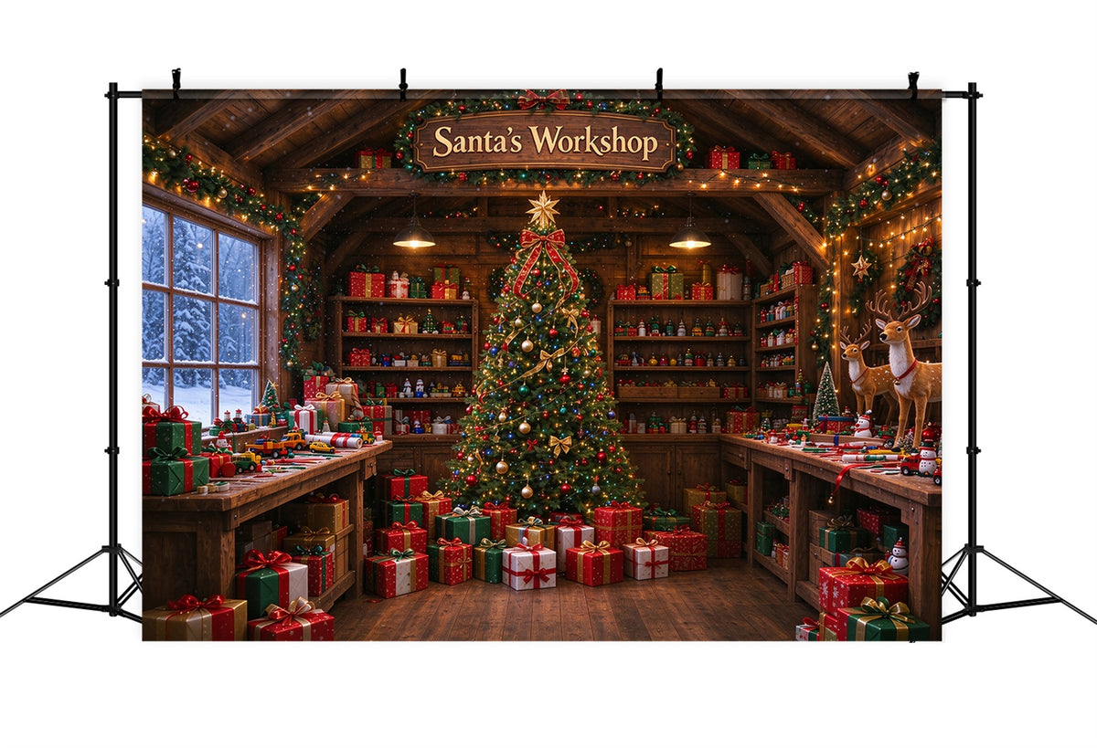 Santa Workshop Backdrop Rustic Toymaking Workshop Interior Christmas Backdrops for Photography ZTT610-9
