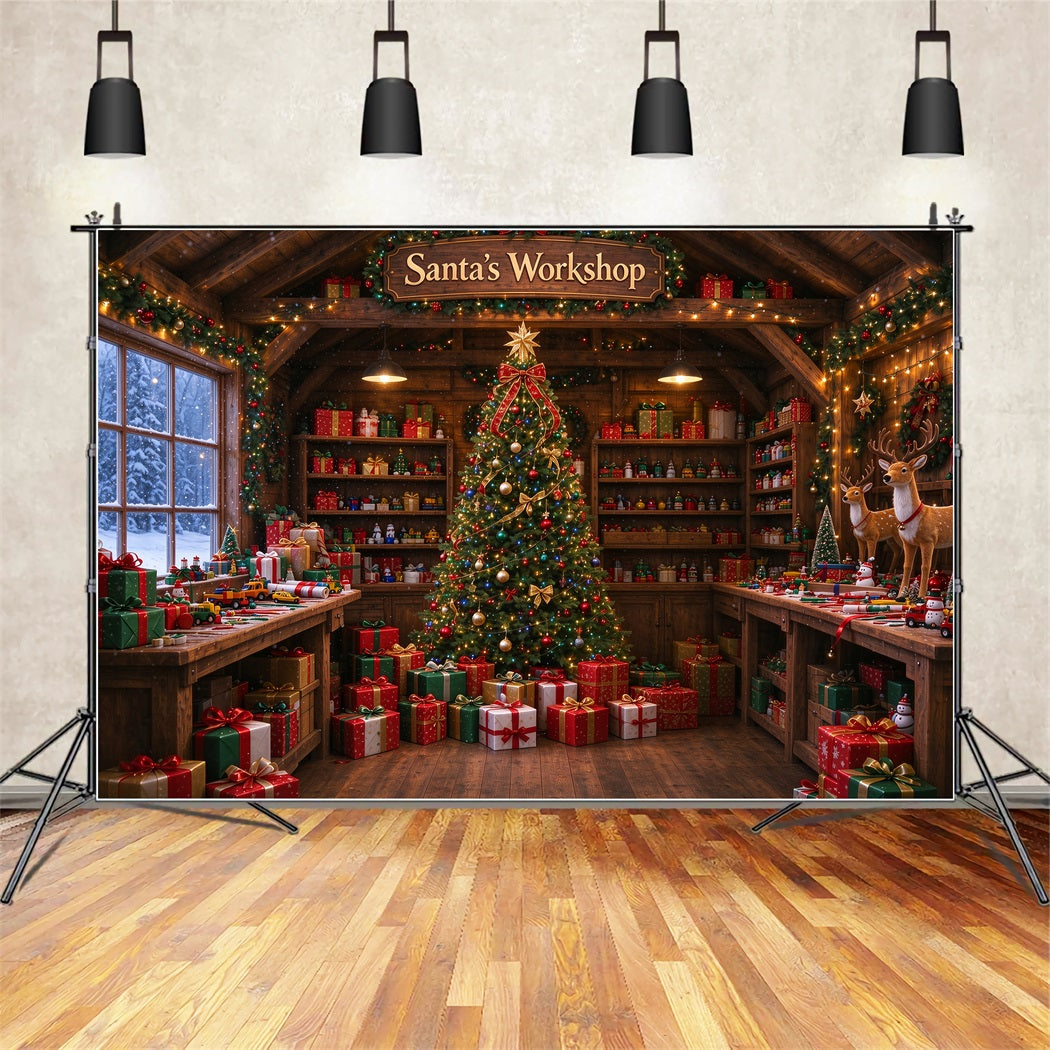 Santa Workshop Backdrop Rustic Toymaking Workshop Interior Christmas Backdrops for Photography ZTT610-9