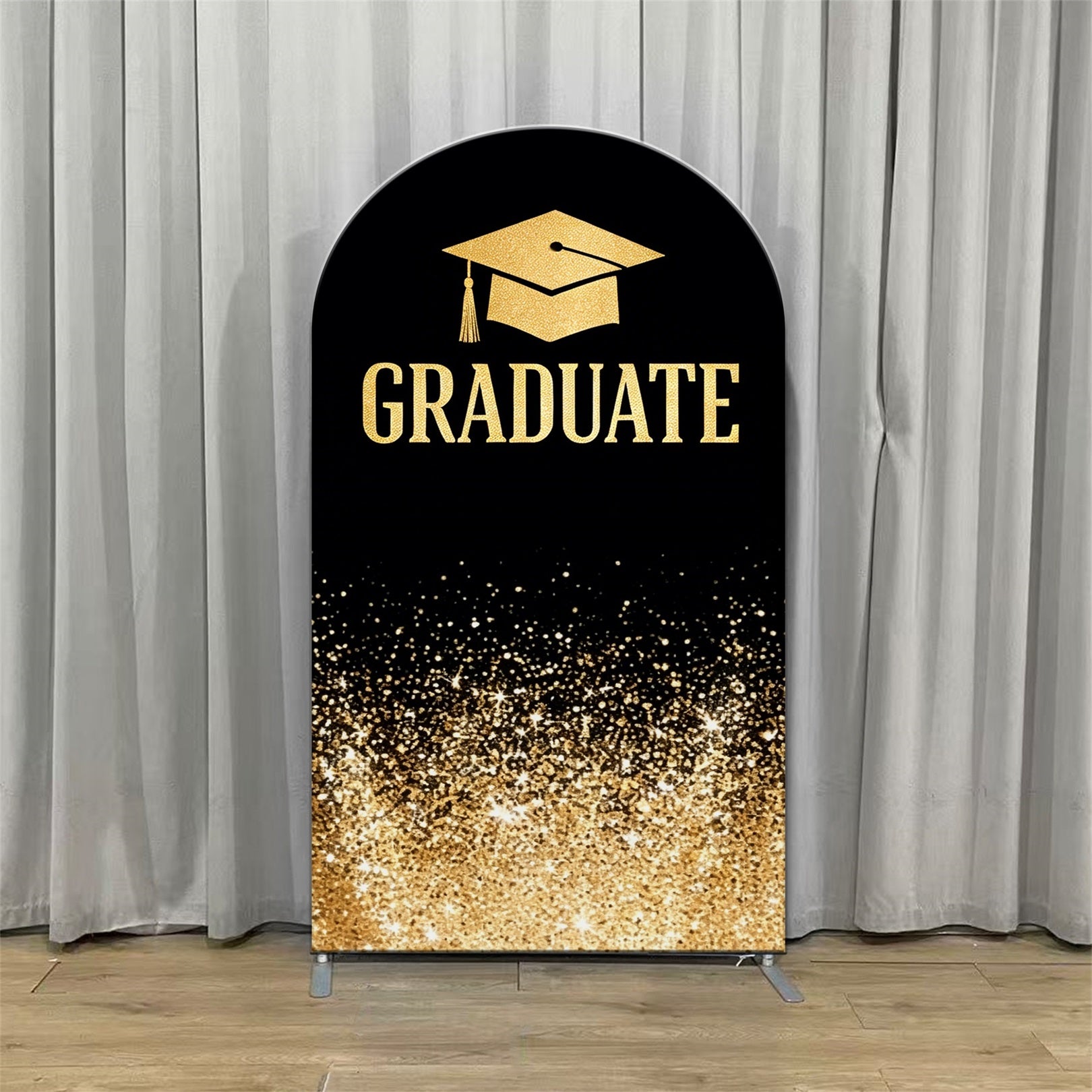 Fabric Graduation Arch Backdrop Black Gold Glitter Accent Premium Fabric Graduation Arch Backdrop ZTT64-13