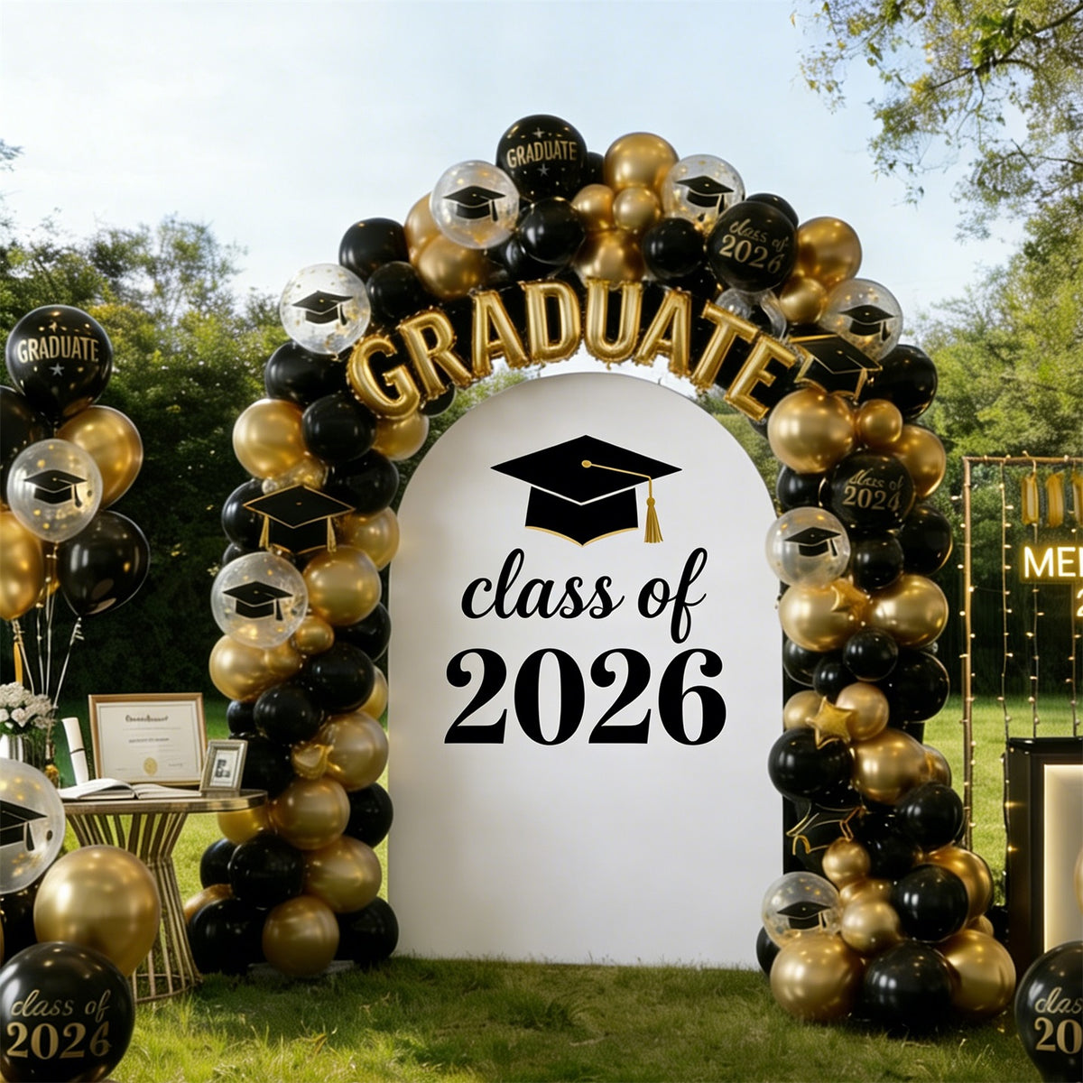 Graduation Entrance Arch Backdrop White Gold Cap 2026 Script Graduatio
