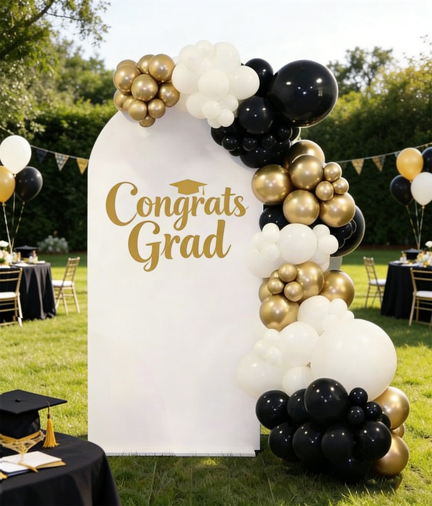 Graduation Arch Backdrop For Party White Gold Cap Grad Script Graduation Party Arch Backdrop ZTT64-20