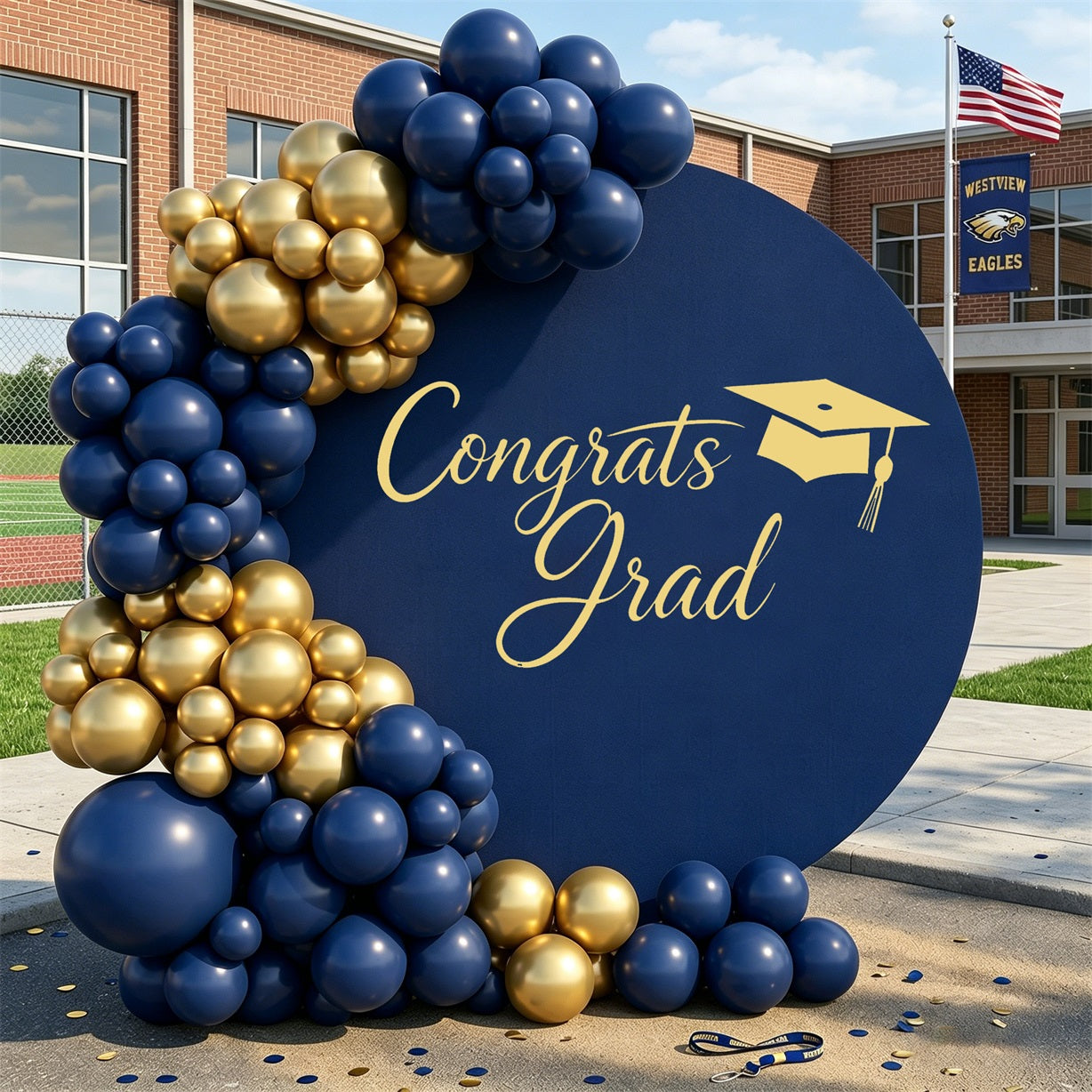 Graduation Party Backdrop Navy Gold Congrats Grad Round Custom Graduation Party Backdrop ZTT64-22
