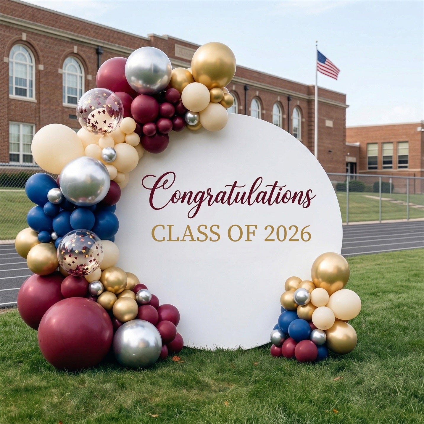 Graduation Round Backdrop Cover White Maroon Gold Grad Graduation Round Backdrop ZTT64-25