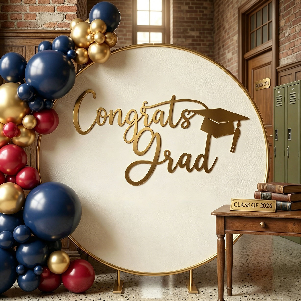 Custom Graduation Round Backdrop Cream Gold Congrats Grad Personalized