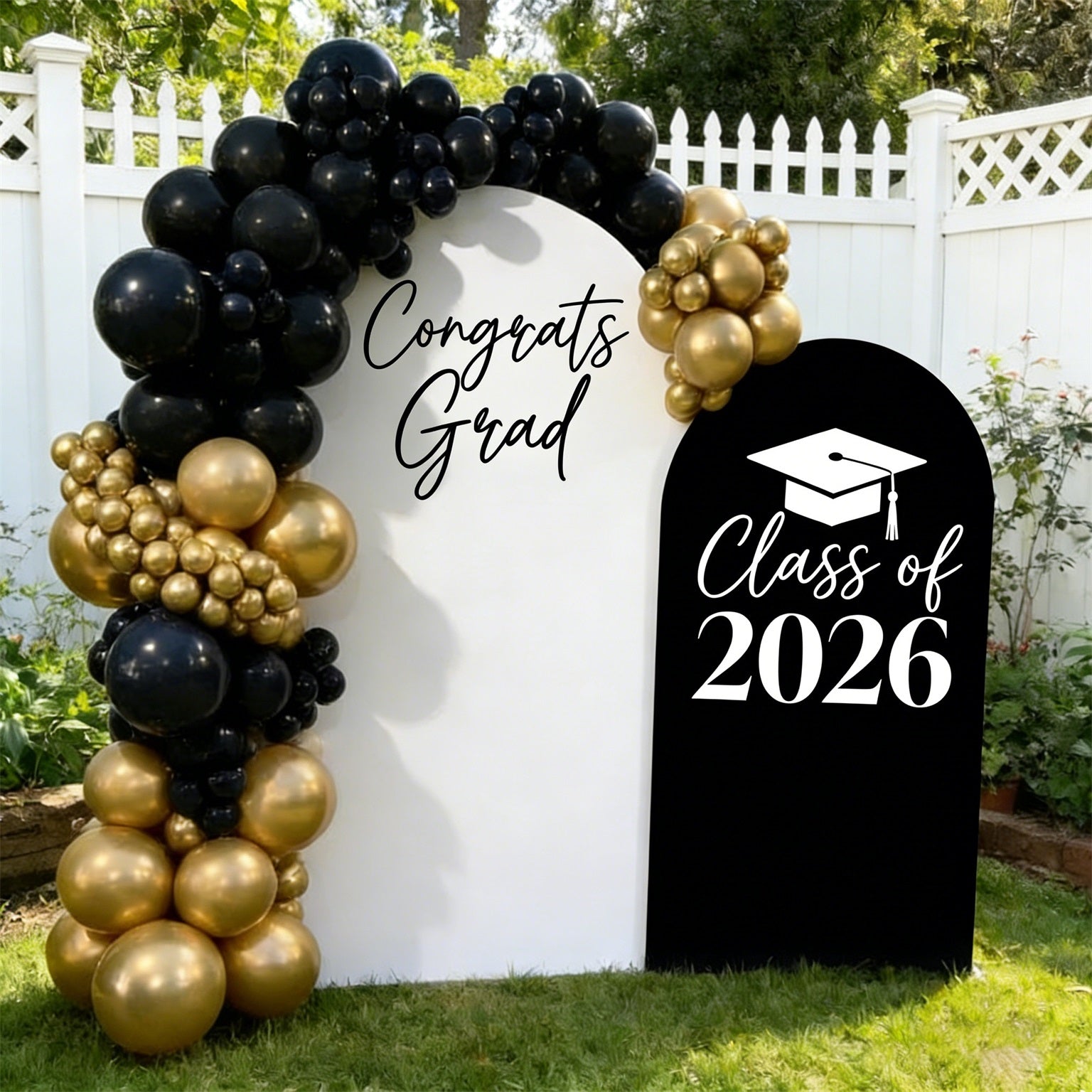Graduation Arch Backdrop Cover Black White Dual Cap Script Graduation Arch Backdrop ZTT64-3
