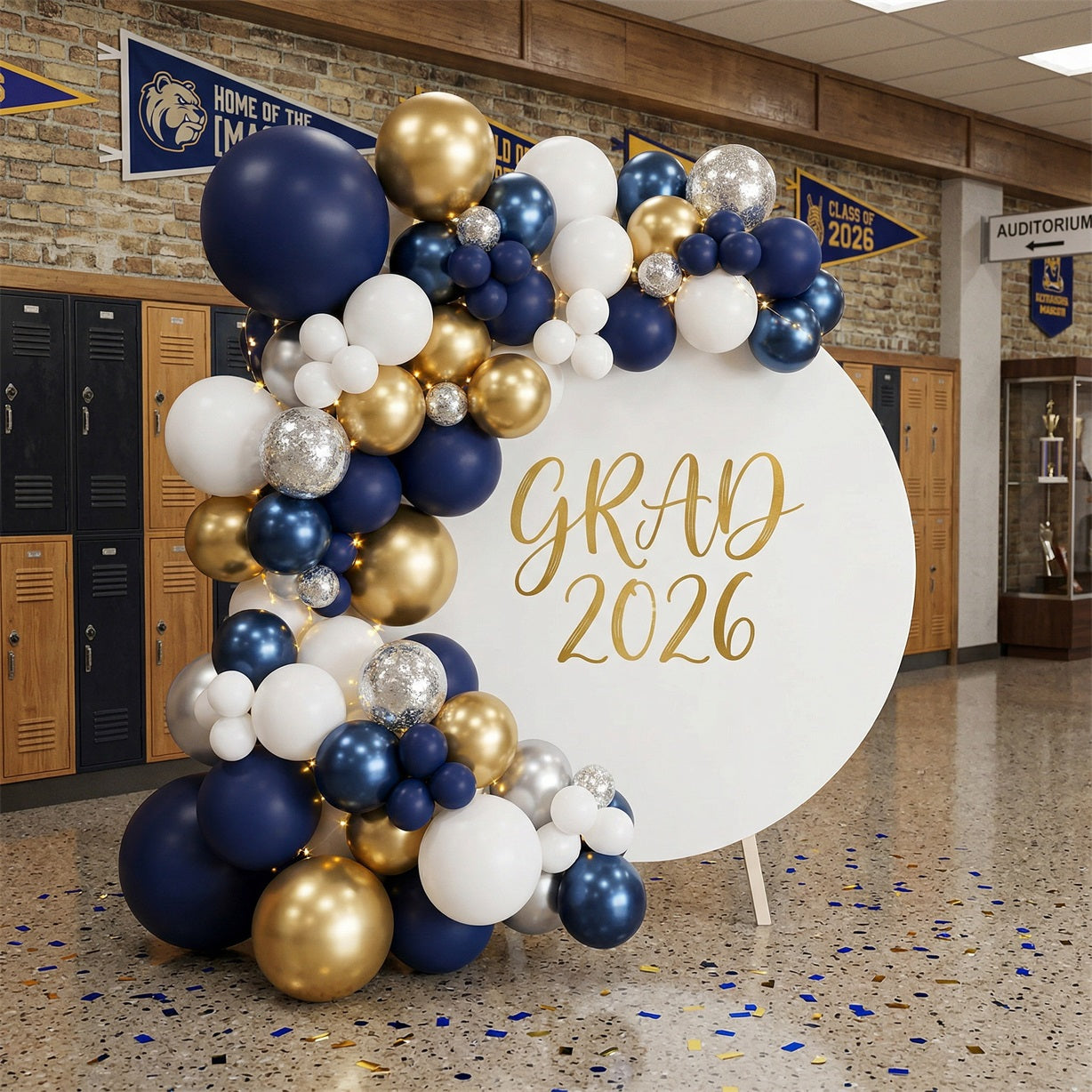 High School Graduation Round Backdrop Off White Gold Brush Grad Senior Round Backdrop ZTT64-36