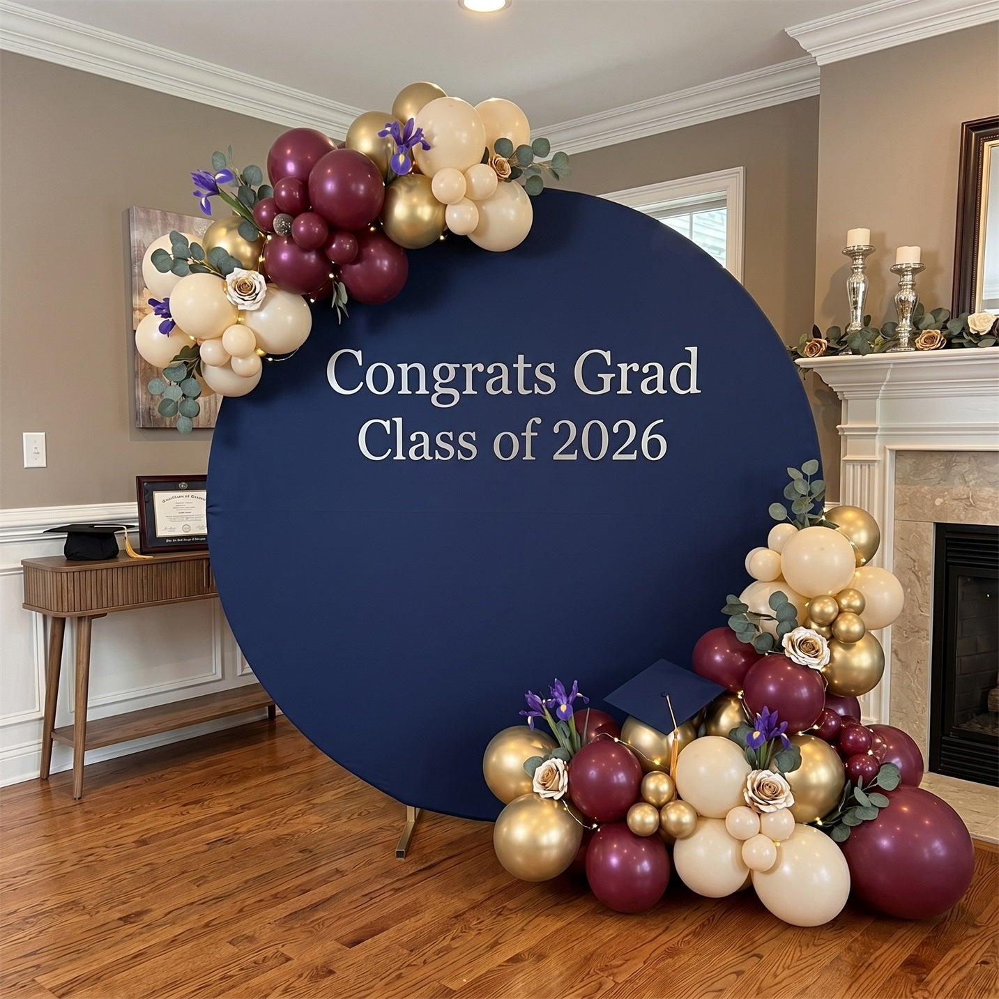 Large Graduation Round Backdrop Navy Silver Congrats Grad Extra Large
