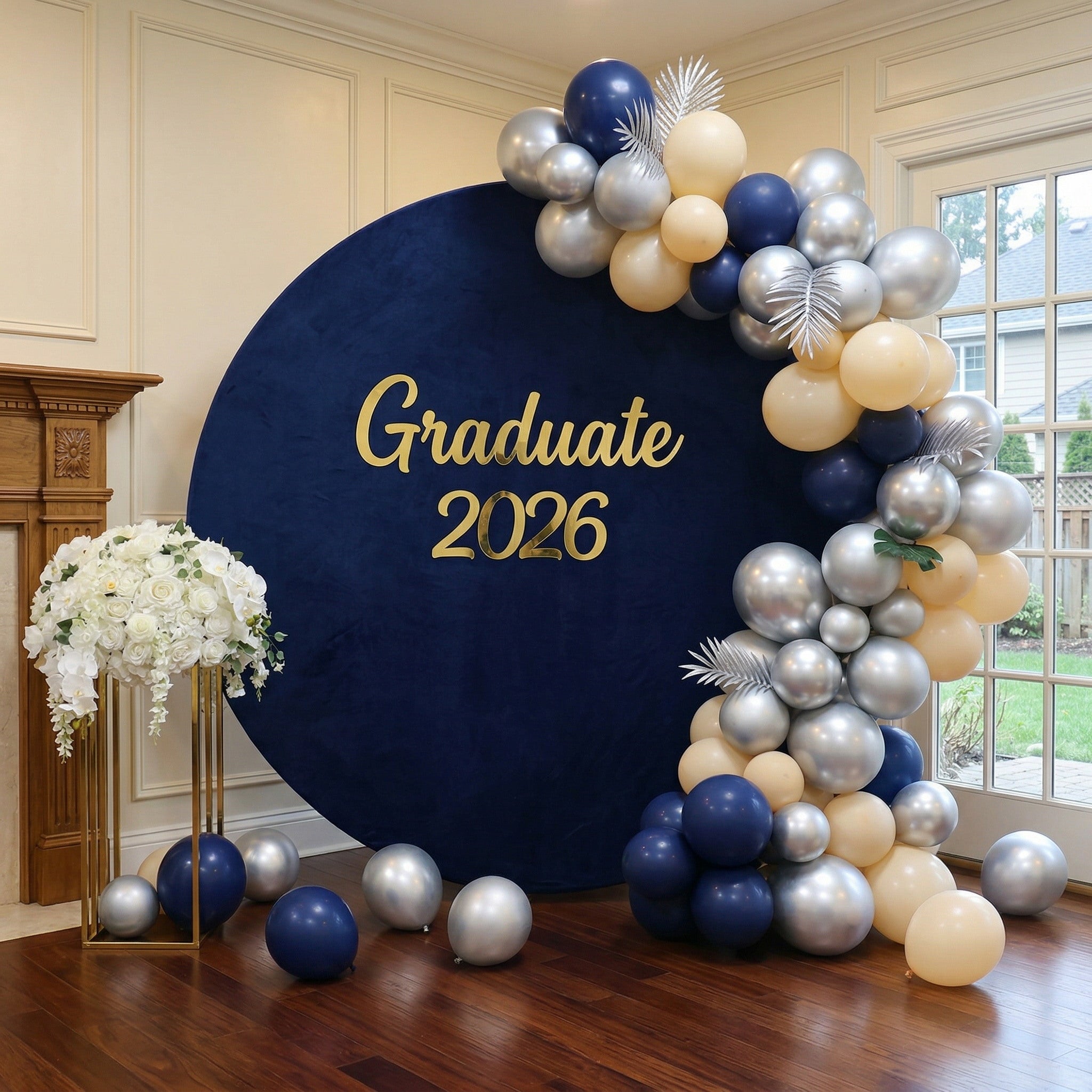 Microfiber Graduation Round Backdrop Navy Velvet Gold Grad 2026 Fabric Graduation Round Backdrop ZTT64-40