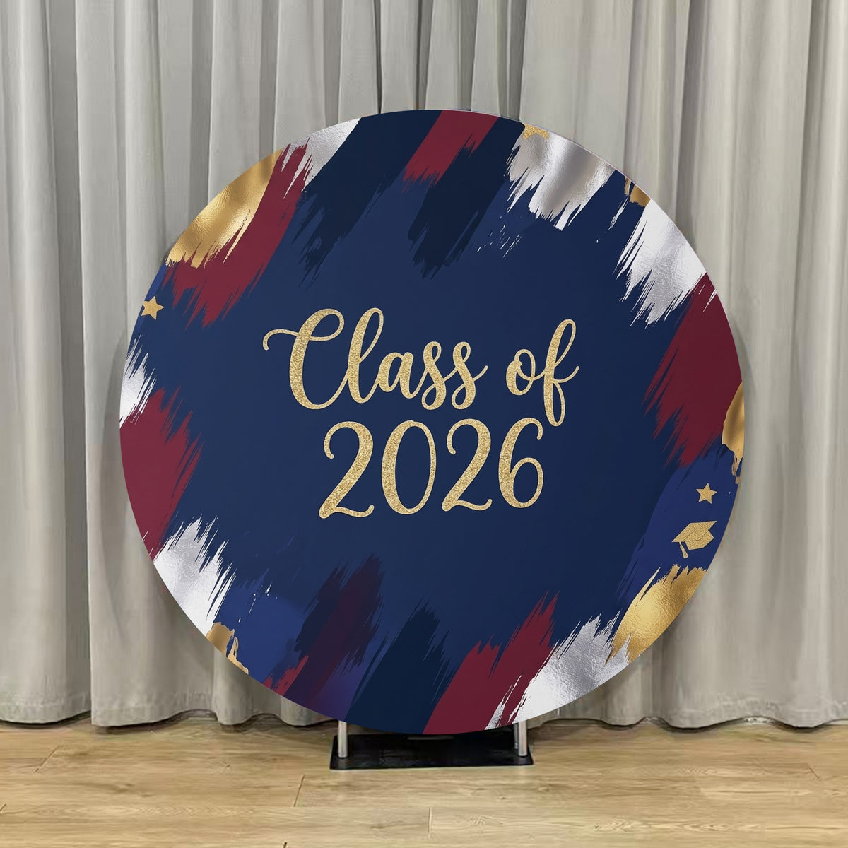 Graduation Round Backdrop Cover Navy Red Gold Brush Grad Graduation Ro