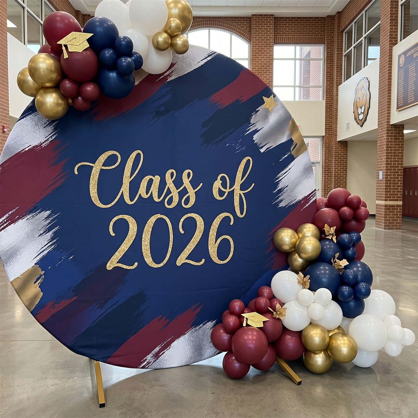 Graduation Round Backdrop Cover Navy Red Gold Brush Grad Graduation Ro