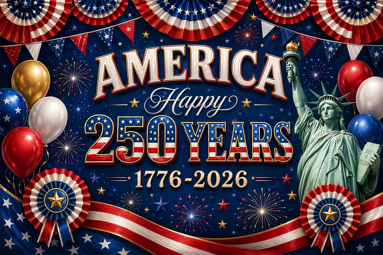 American Flag Backdrop 250th Anniversary Liberty Balloon Fireworks 1776-2026 Independence Day Celebration Banner ZTT64-51