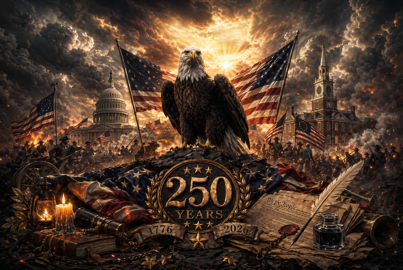 American Flag Backdrop 250th Anniversary Eagle Capitol Battlefield 1776-2026 Independence Day Celebration Banner ZTT64-53