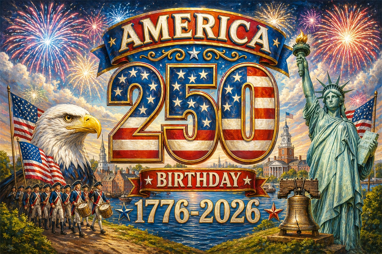 American Flag Backdrop Liberty Flag Fireworks Freedom Tribute Happy 4th of July 250 Years of Freedom Backdrop ZTT64-56
