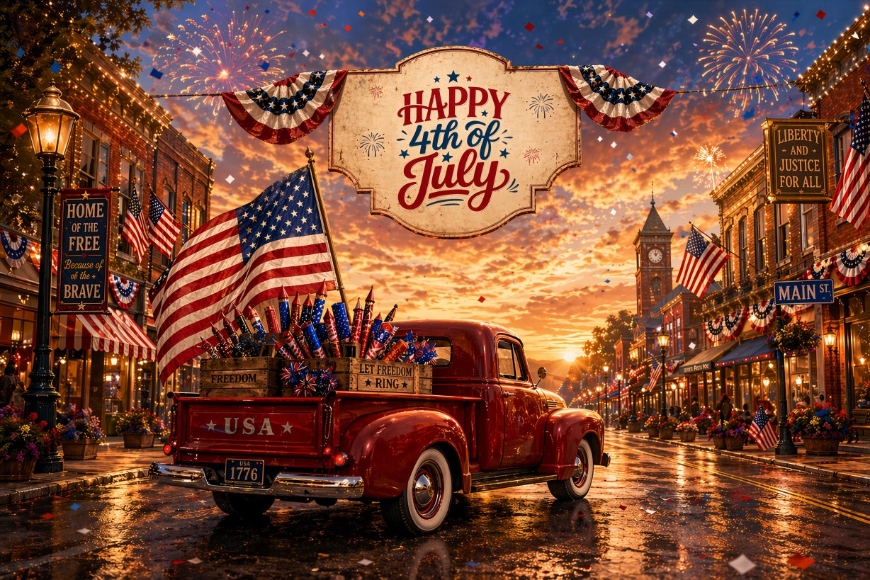 American Flag Backdrop Vintage Main Street Patriotic Pickup Happy 4th of July 250 Years of Freedom Backdrop ZTT64-59